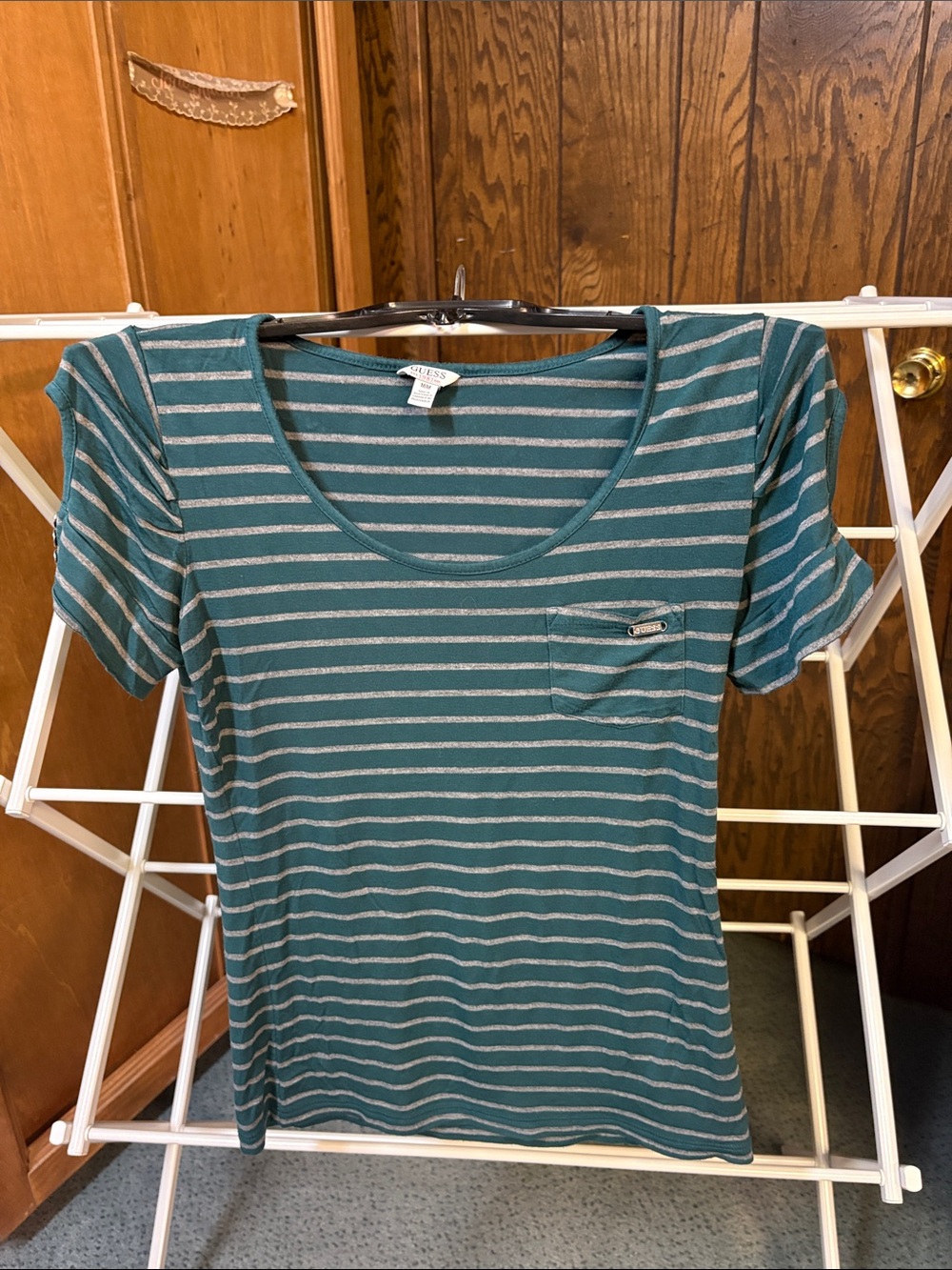 Guess Teal and Silver Striped Scoop Neck Tee